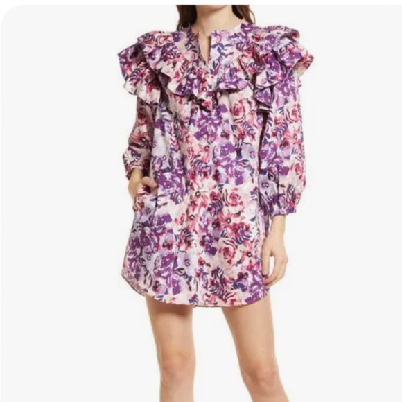 Something Navy Floral Print Ruffle Shift Cocktail Cotton Puff Sleeve Dress - Picture 1 of 15